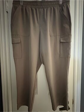 Women's Lightweight NCropped Cargo Pants in Taupe - Elastic Waist, Pocket Detail